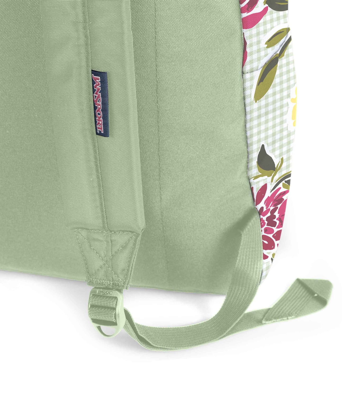 SuperBreak One JanSport Backpack in Garden Tea Party pale green bag with pink floral design and dark interior design close up