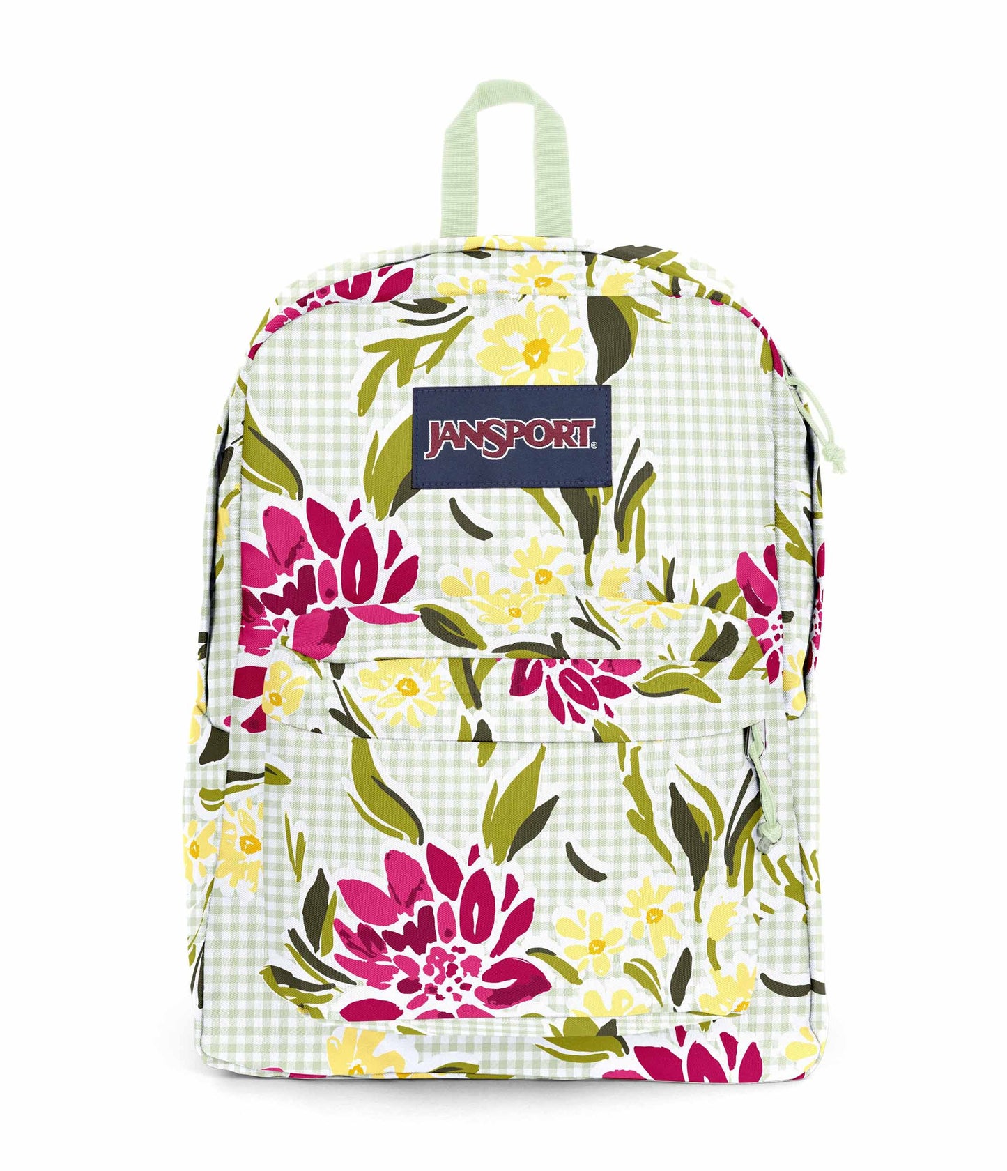 SuperBreak One JanSport Backpack in Garden Tea Party pale green bag with pink floral design and dark interior front