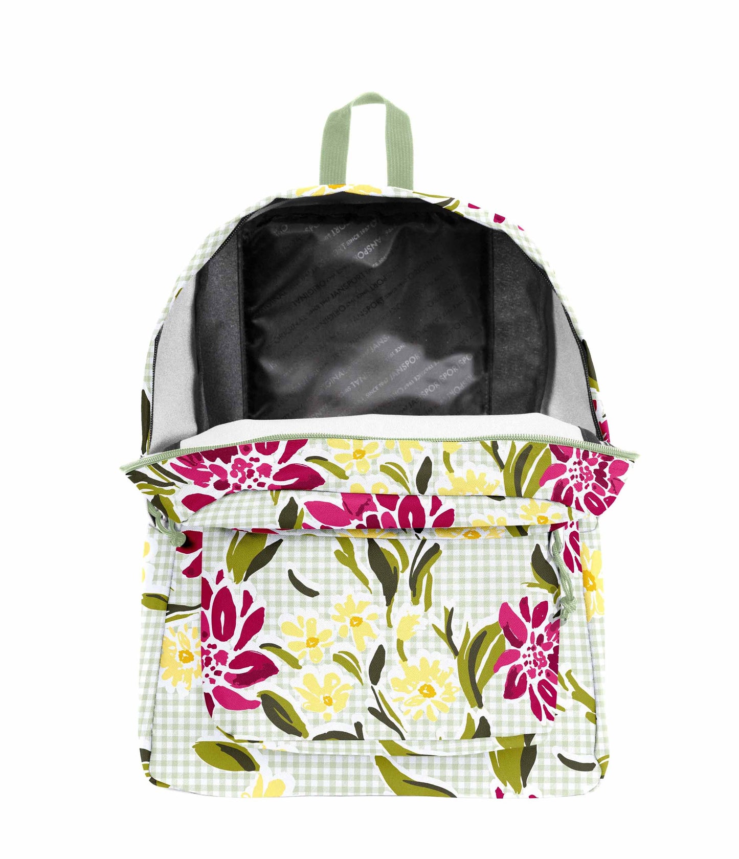 SuperBreak One JanSport Backpack in Garden Tea Party pale green bag with pink floral design and dark interior open bag
