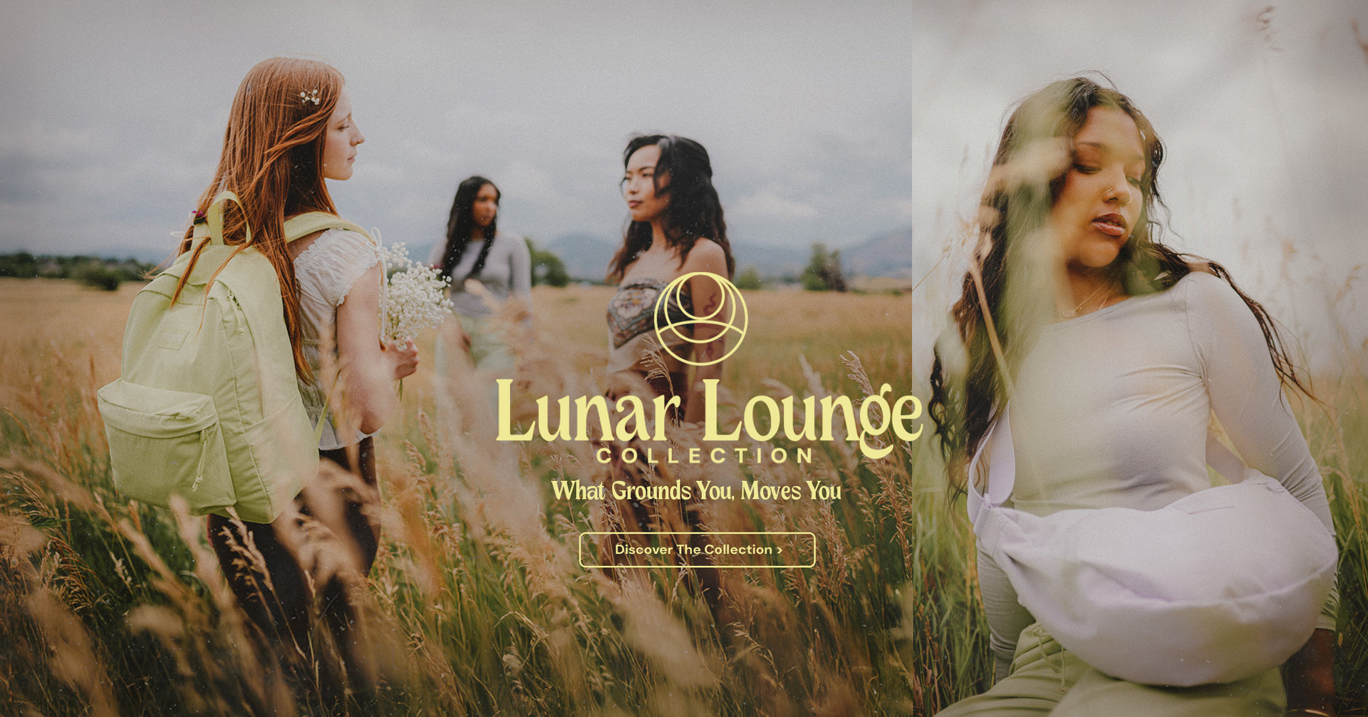 Two women in a field with 'Lunar Lounge' JanSport Bag branding.