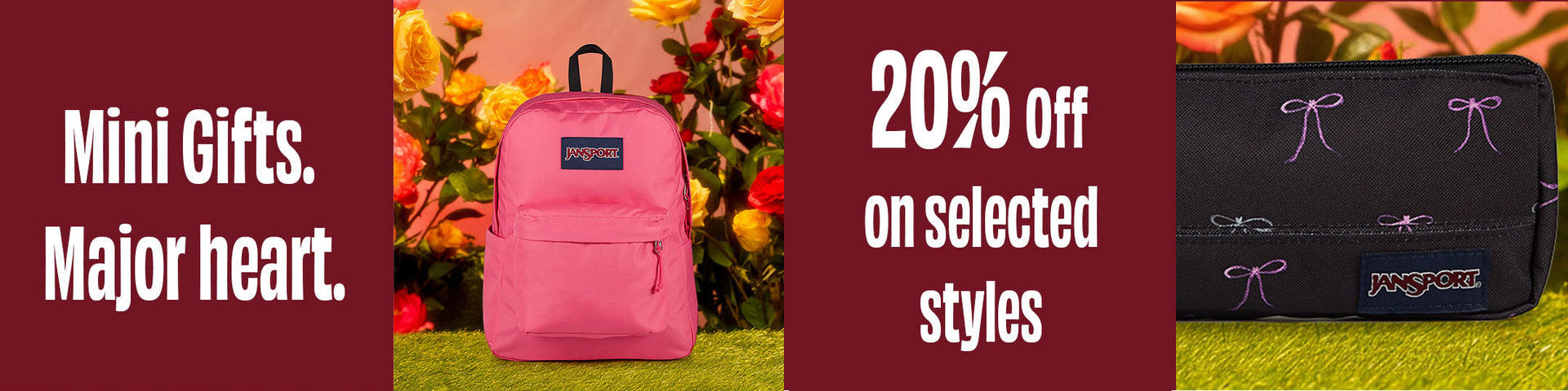 Promotional banner for Jansport bags with text 'Mini Gifts. Major Heart.' and '20% off on selected styles'.