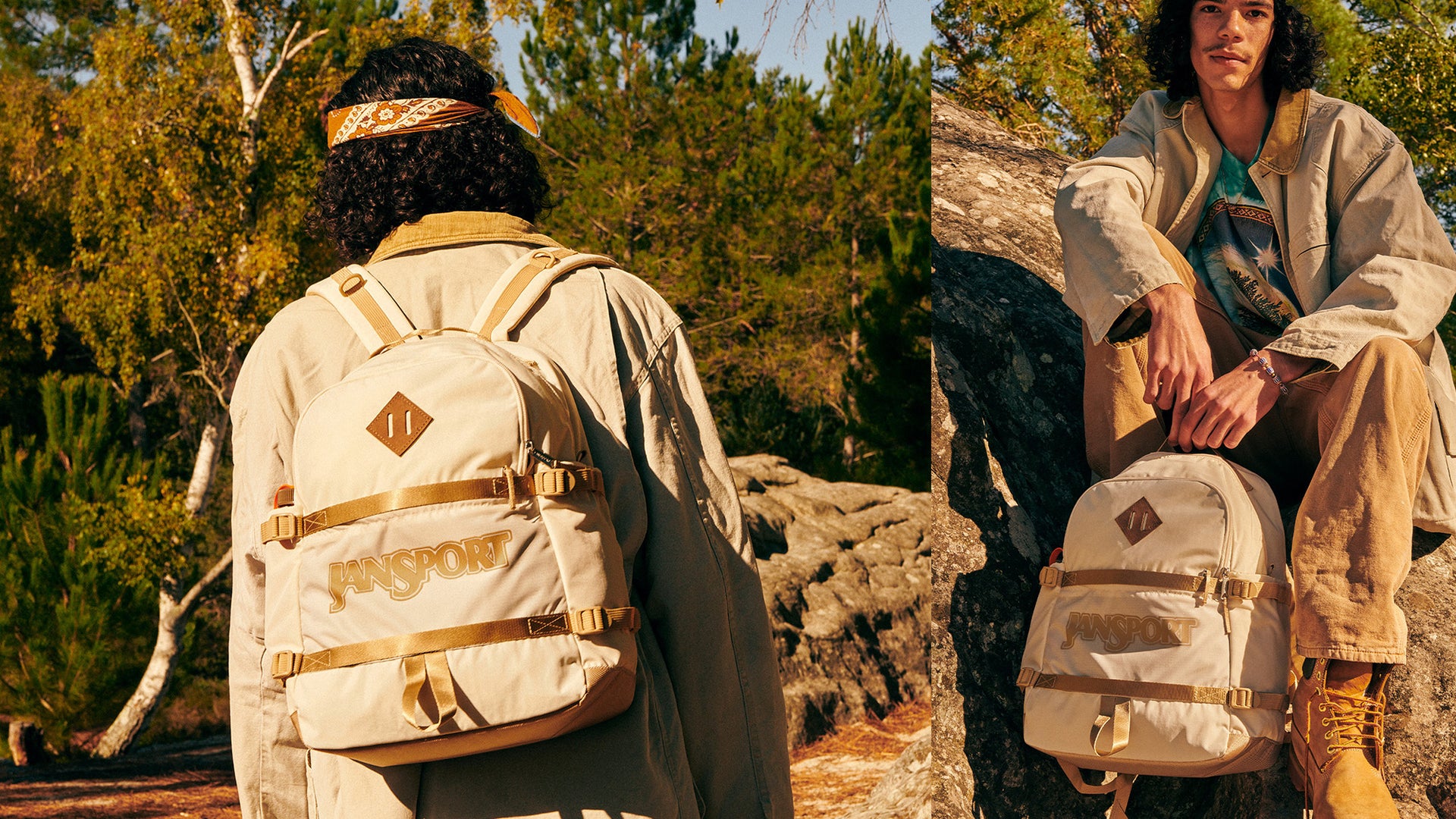 Person wearing a beige JanSport backpack with gold accents in a natural setting