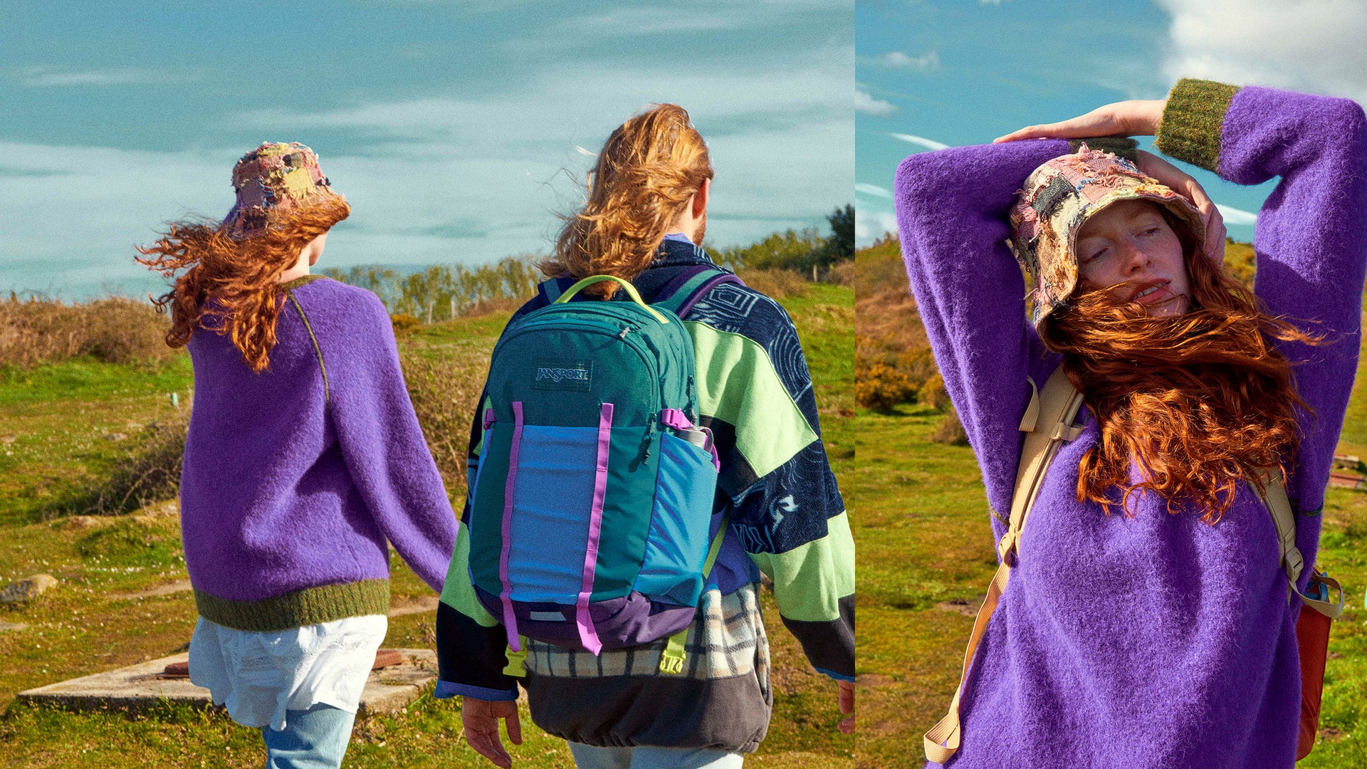 Two girls wearing JanSport All Around Packs in a field 