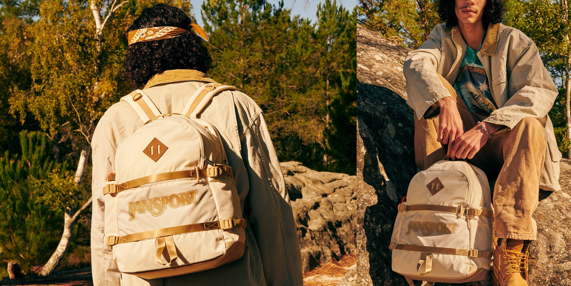 Person with a beige JanSport Retro backpack outdoors, sitting on a rock.