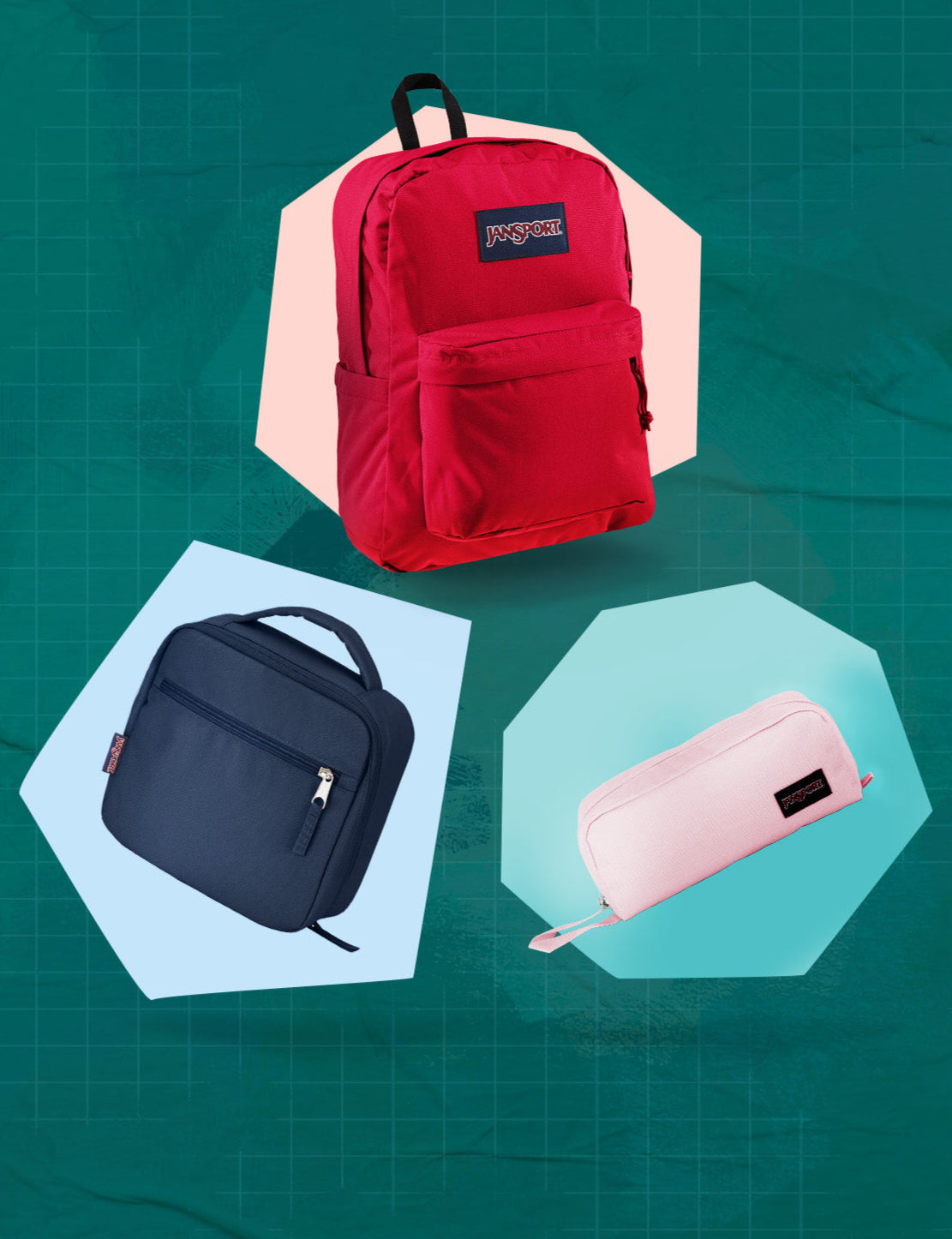 Red backpack, navy lunch bag, and pink pencil case on a teal background, jansport accessories and school back packs